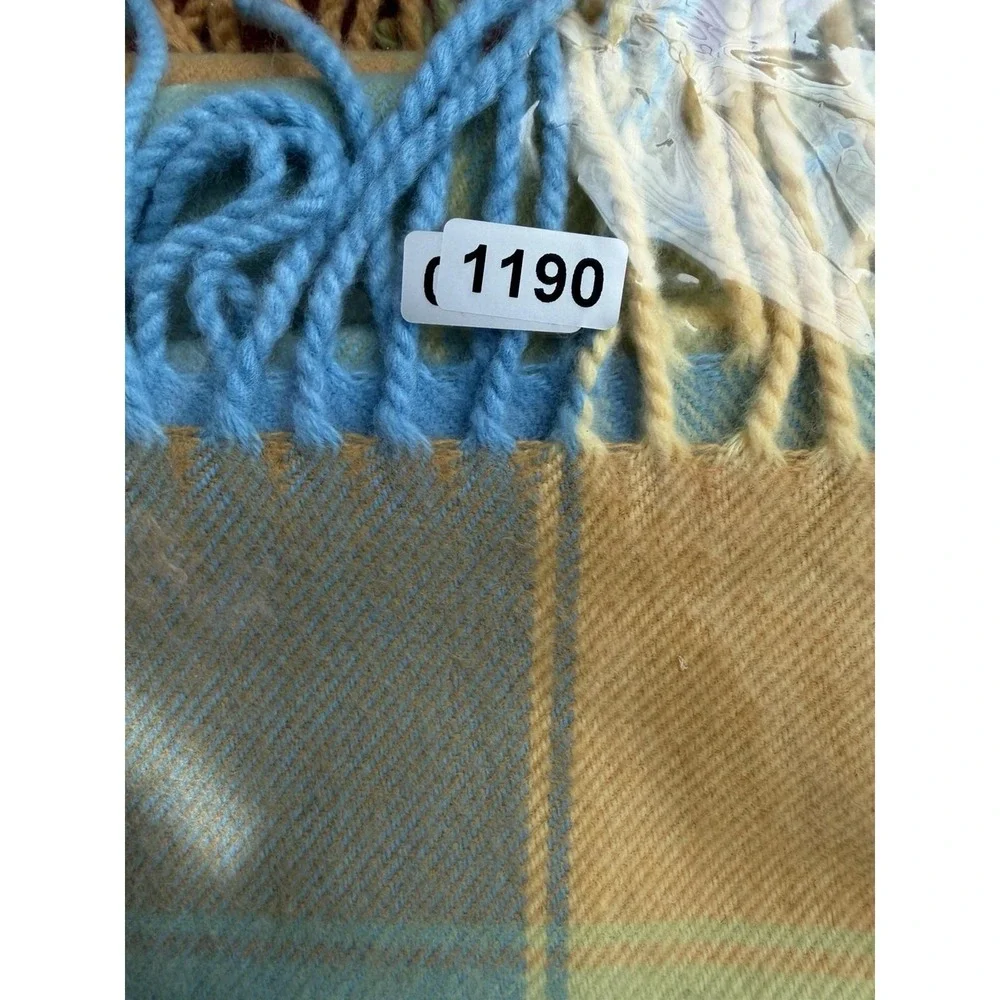 Vintage English Cashmere Scarf Plaid Pastel Blue Yellow Preppy Quiet Luxury
